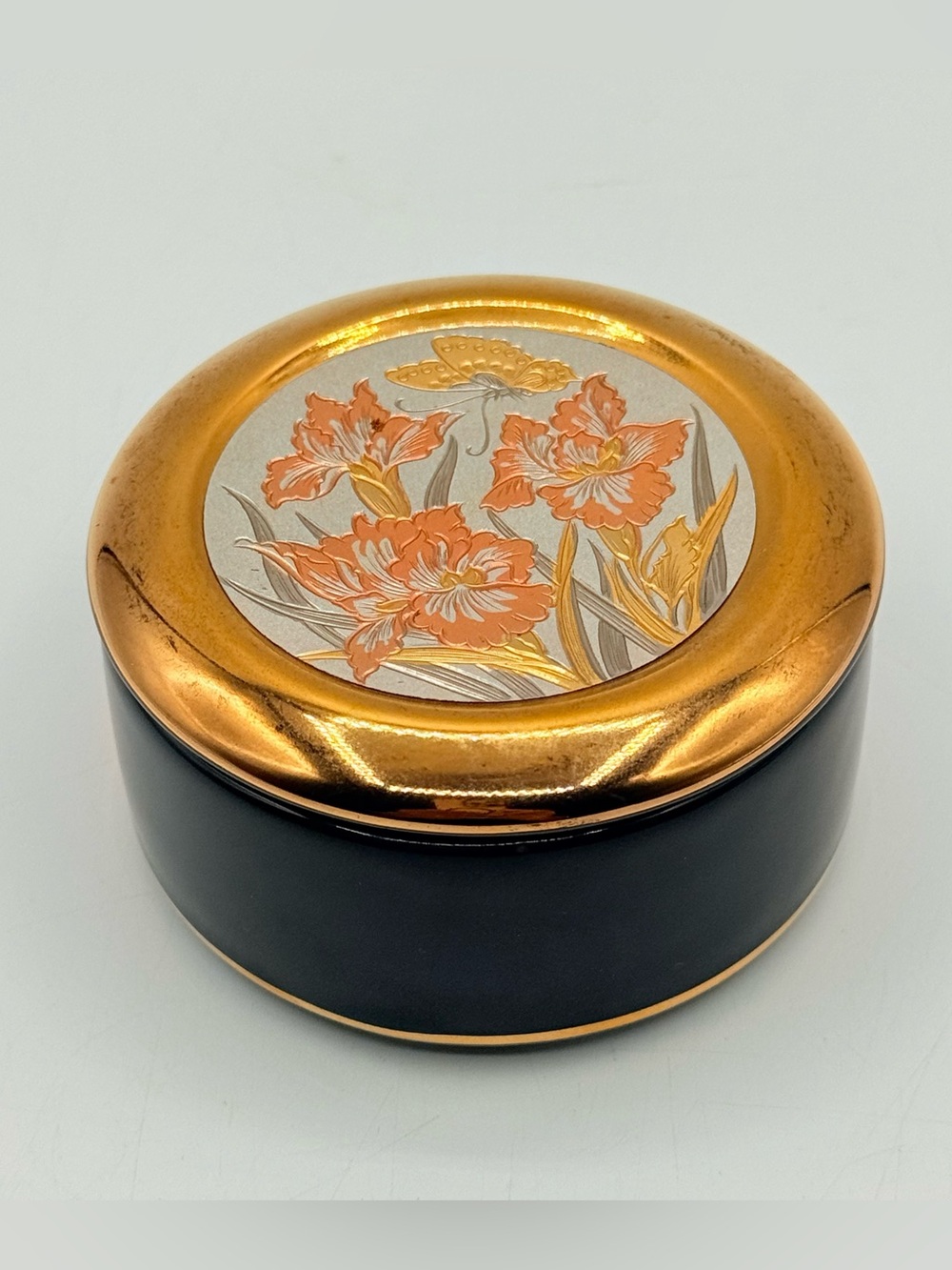 Vintage Japanese Chokin Trinket Box 24K Gold Edged Floral Butterfly Japan